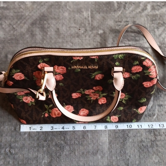Brown & Pink Floral Michael Kors Handbag Purse, Roses Fall Floral - Picture 8 of 10